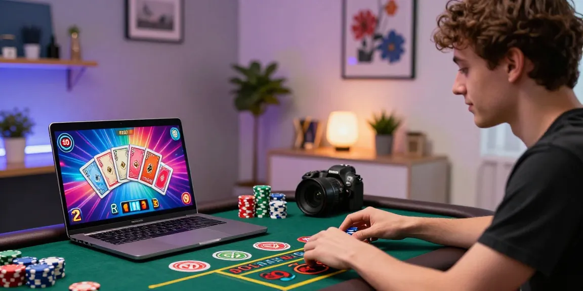 Engaged player enjoying online baccarat with vibrant cards and chips in stylish home office.