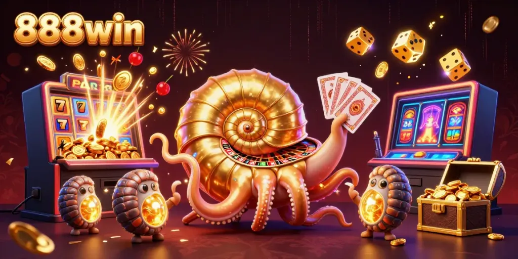 Experience the thrill of 888win with a vibrant 3D casino scene featuring a nautilus roulette wheel.