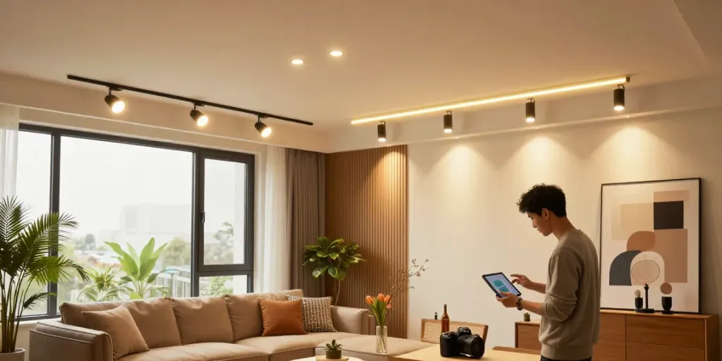 Iluminat modern cu sina magnetică în interiorul unei camere elegante