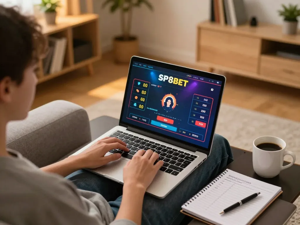 Engaging in rút tiền sp8bet while using laptop in a comfortable home gaming setup.