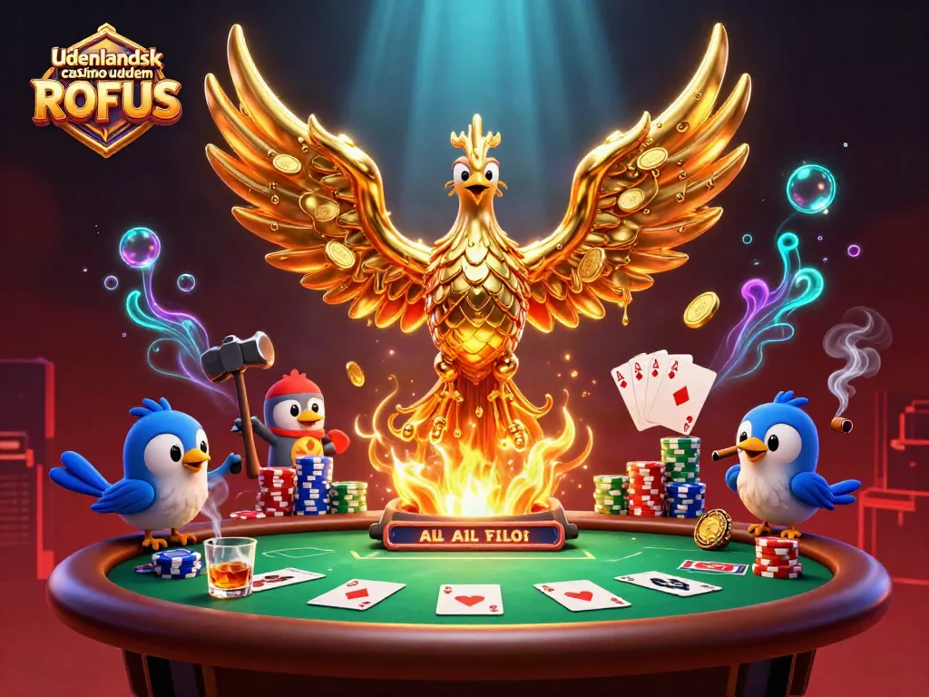 Engage in udenlandsk casino uden ROFUS with a dramatic scene of a golden phoenix and poker game elements.