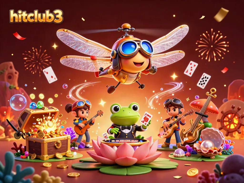 Experience exciting wins at hitclub3 with a dragonfly pilot and frog croupier in a vibrant casino setting.