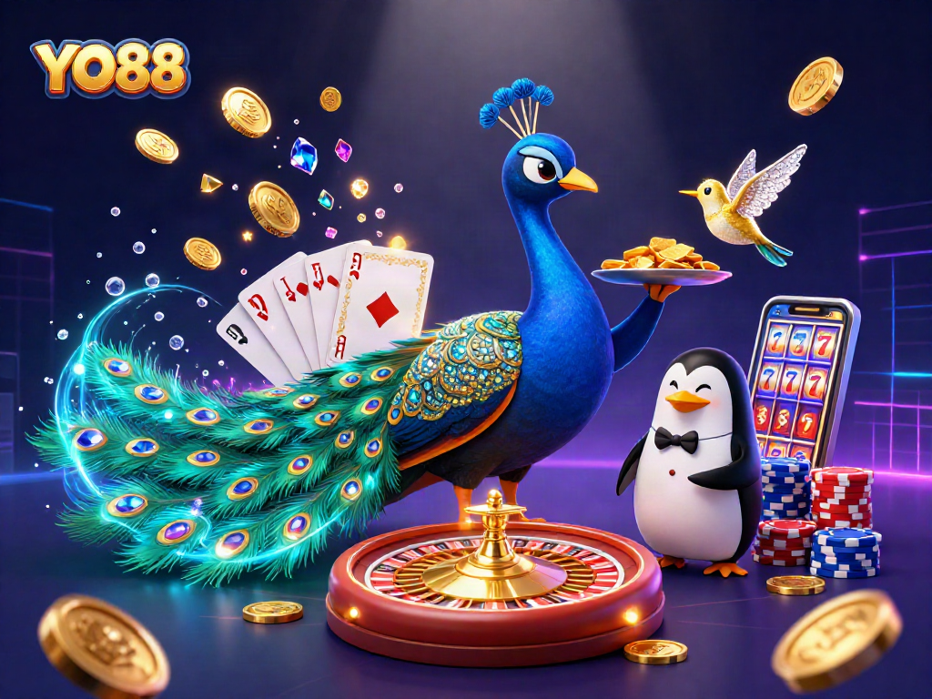 Experience YO88 with a vibrant 3D scene featuring casino themes, dazzling characters, and exciting gaming elements.