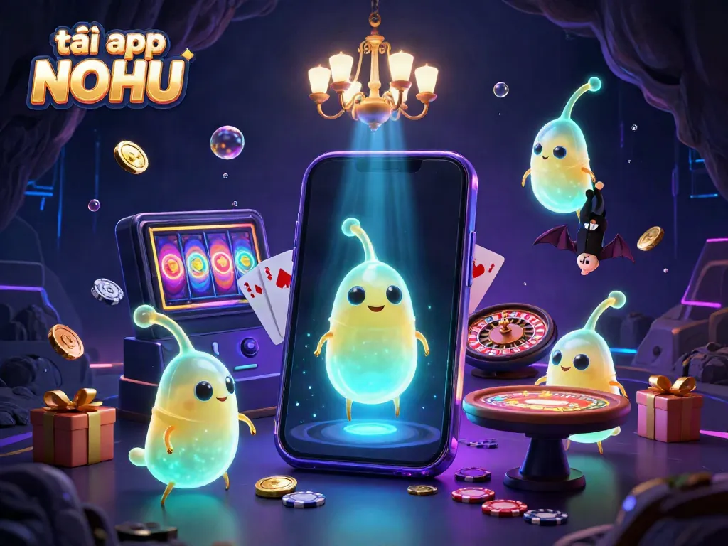 Win big by downloading the tải app NOHU, featuring vibrant slot games in an enticing casino scene.