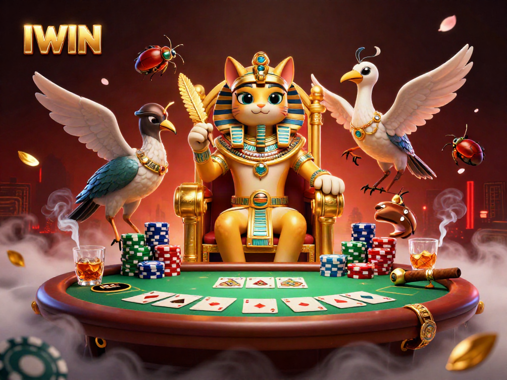 IWIN interactive poker scene with an Egyptian pharaoh cat, colorful chips, and cards, capturing thrilling gaming action