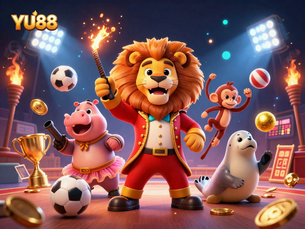 Experience electrifying action with YU88 in this vibrant circus-themed casino illustration.