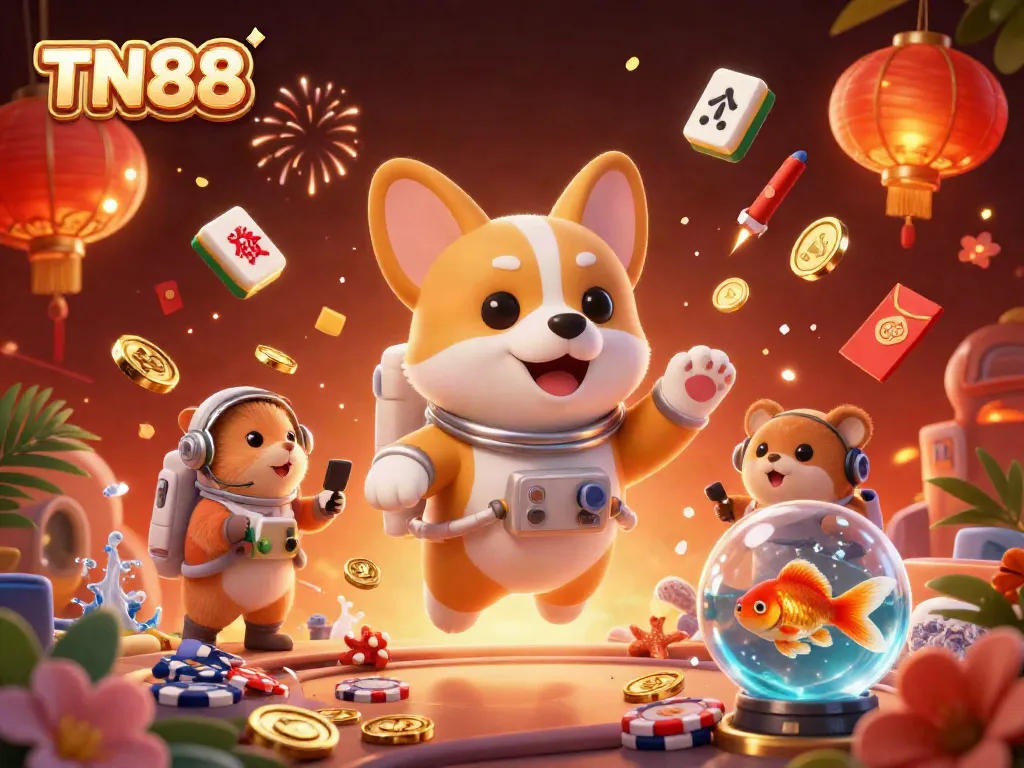 Engage in thrilling gaming at TN88 with a playful astronaut corgi, mission-control hamster, and goldfish in a vibrant casino scene.