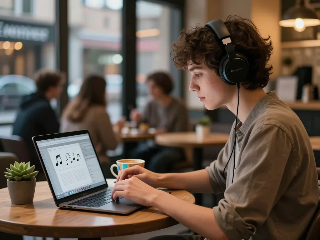 Engaging casual café scene with a person interacting with their girlfriend AI on a tablet, showcasing modern digital companionship.