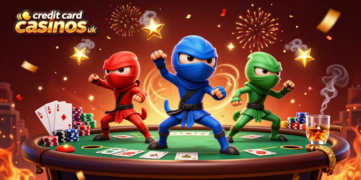 Exciting scene of ninja chameleons showcasing skills at credit card casinos uk with vibrant poker elements.