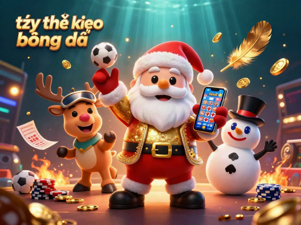 Tỷ lệ kèo bóng đá highlights dynamic betting scenes with Santa, his reindeer, and a snowman engaging in sports betting.