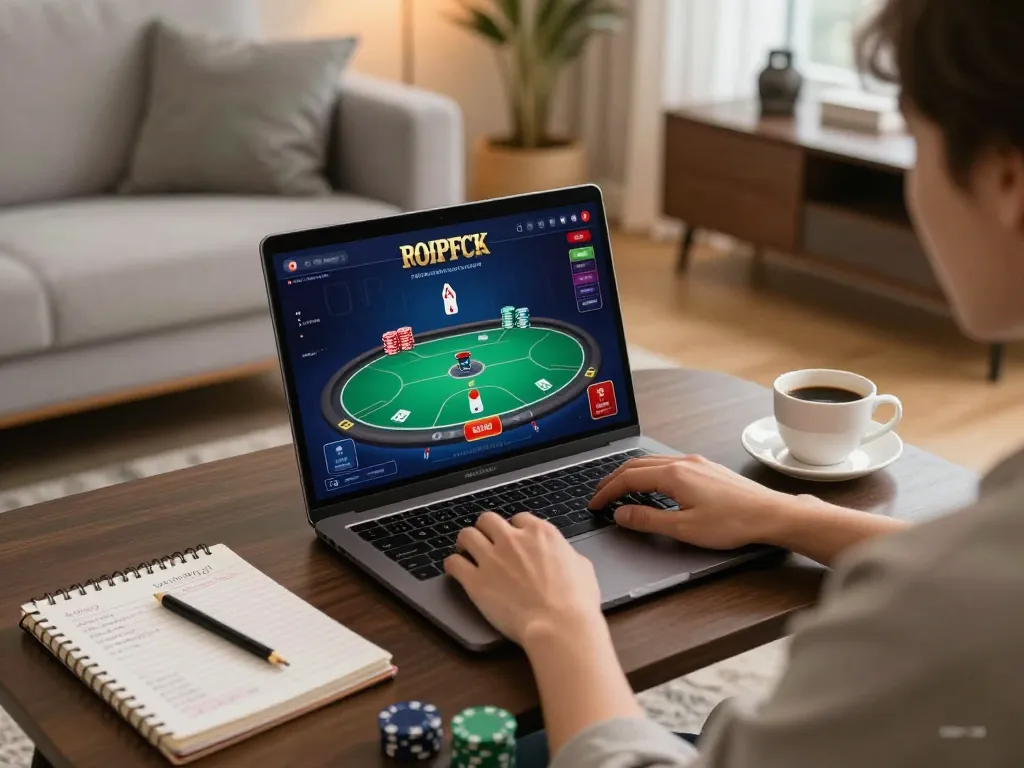 Xibet online gaming setup with a stylish person enjoying poker on their laptop in a cozy living room.