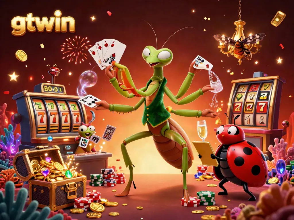 Engage with high-energy gameplay at gtwin featuring a vivid casino scene with lively characters and slot elements.