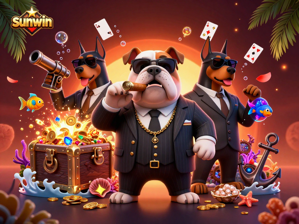 Experience sunwin's vibrant casino action with a dynamic bulldog and bodyguards amid treasure!