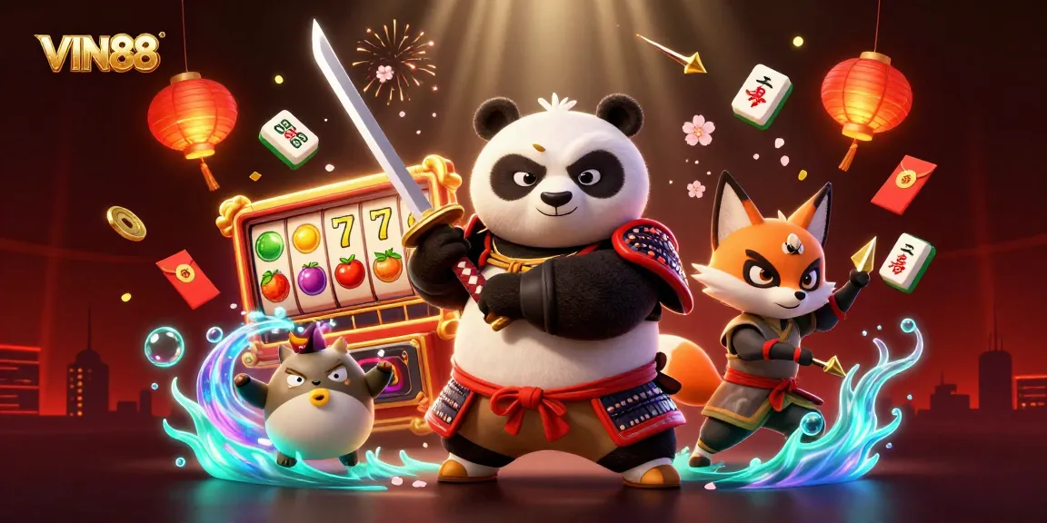 Engage in thrilling slot action with VIN88 while surrounded by vibrant characters and dynamic game elements.