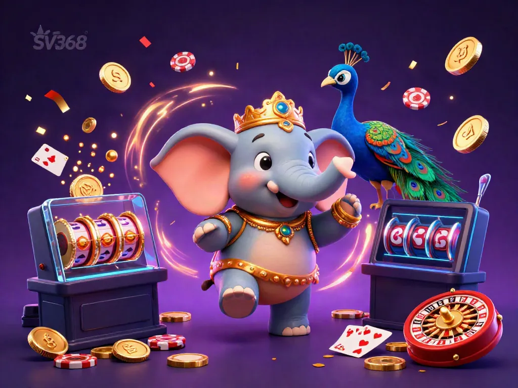 Experience thrilling gaming action with SV368's vibrant festival-themed illustration featuring a whimsical elephant and peacock amidst slot games.