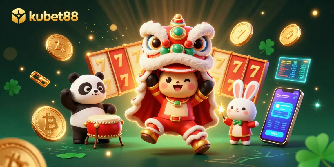 Experience thrilling jackpots at kubet88 with vibrant slot reels, lion dance, and dynamic crypto elements.