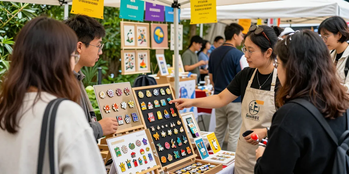 Engaging vendor displaying custom enamel pins at an artisan market, showcasing vibrant designs and community interaction.