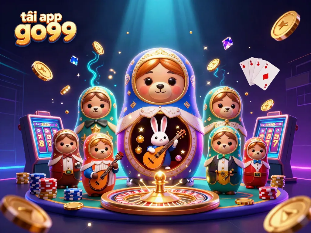 Experience the thrill of tải app go99 with a lively casino scene featuring Matryoshka bears and casino elements.