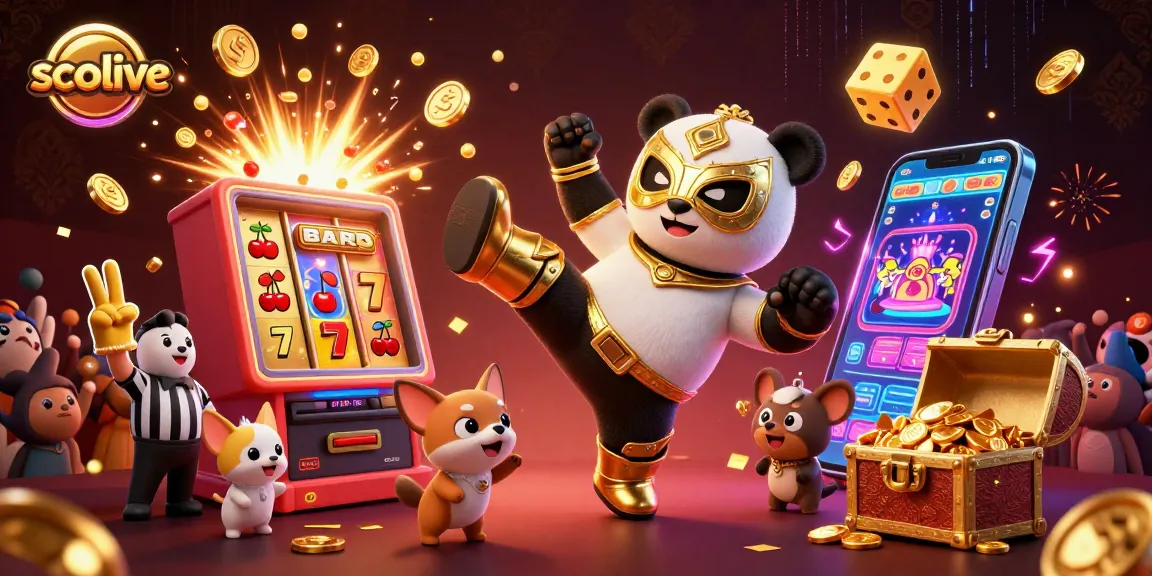 Experience exciting socolive moments as a panda wrestler leaps through a vibrant casino scene.