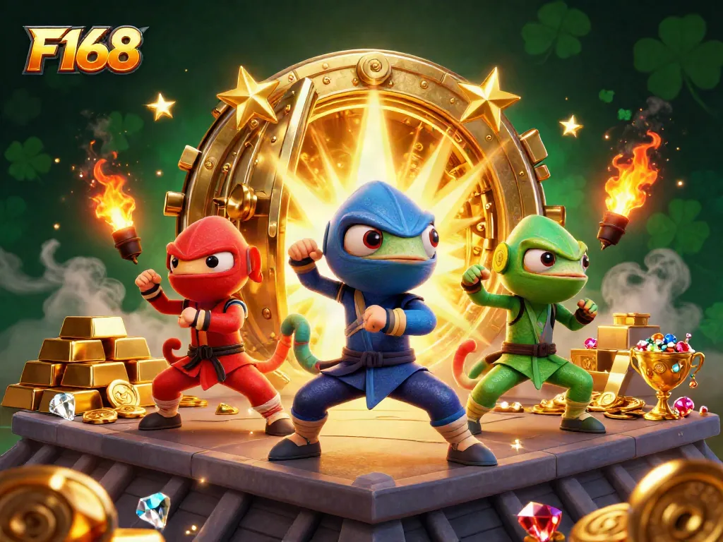 F168 showcases a vibrant casino scene with colorful chameleons performing martial arts amidst treasures and gaming elements.