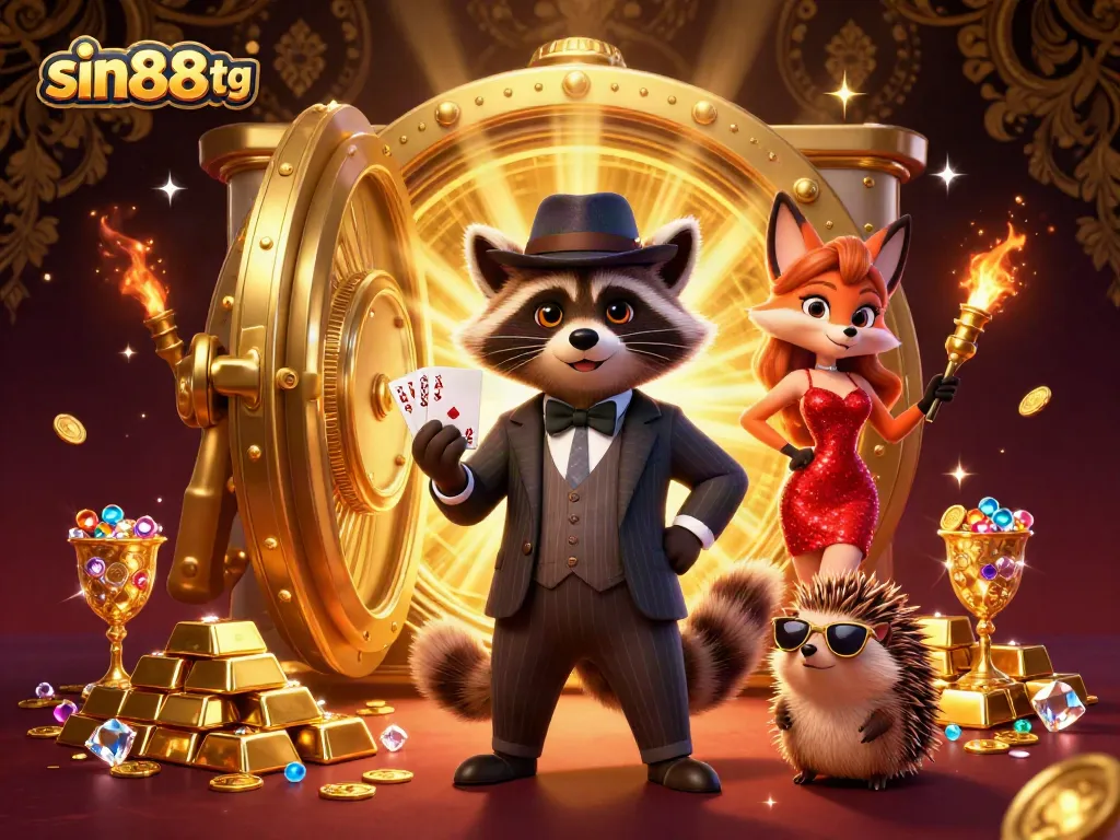 Enjoying a royal flush at sin88tg casino with vibrant treasures, dynamic characters, and a lively atmosphere.