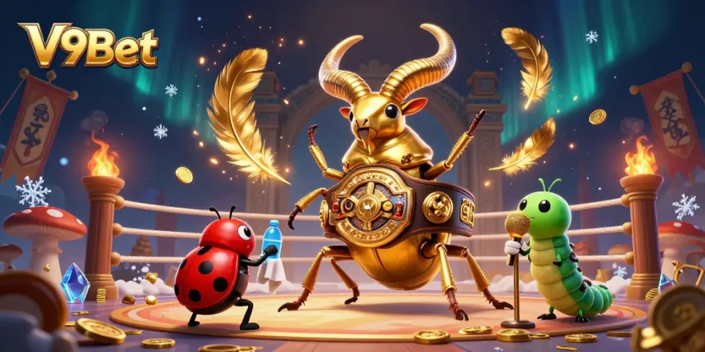 Experience thrilling battles with V9Bet in this vibrant casino-themed illustration depicting a stag beetle champion.