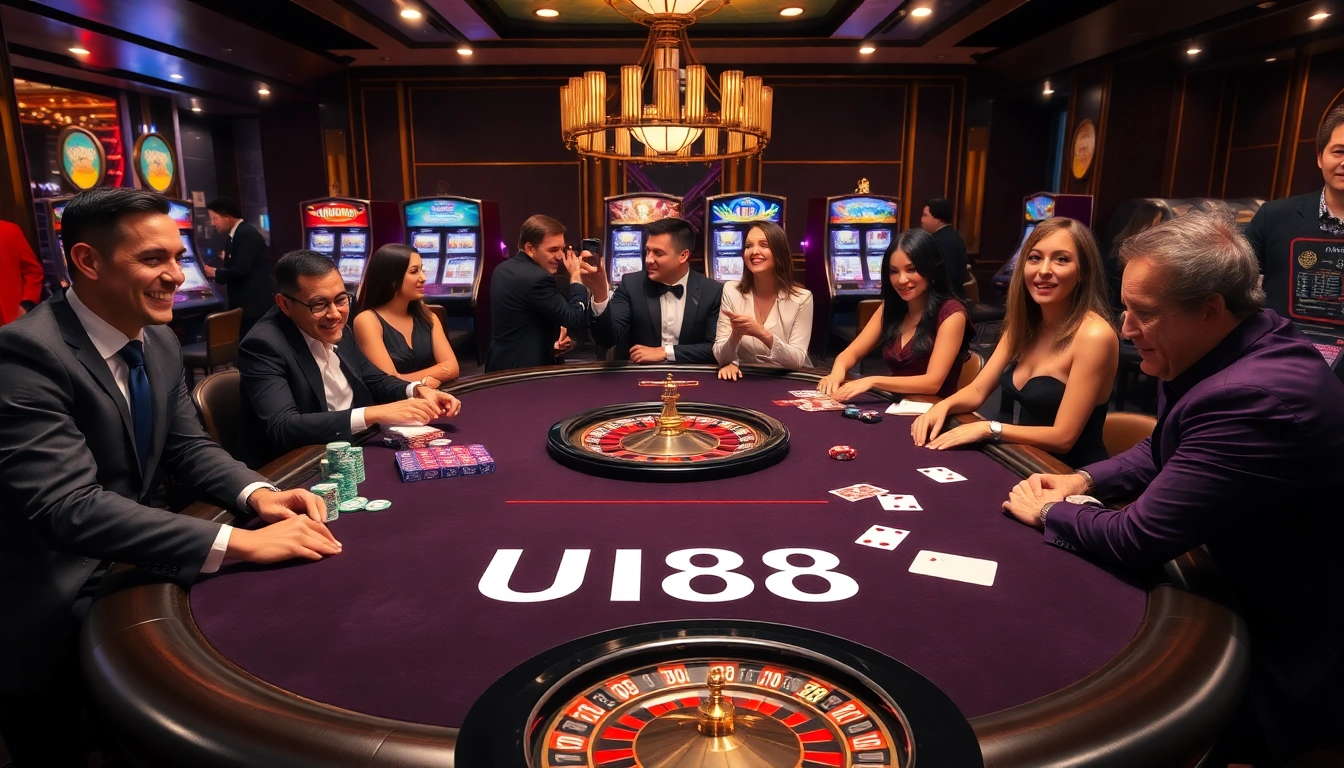 Engaging scene of enthusiastic players at UU88 Casino featuring a modern gambling table.