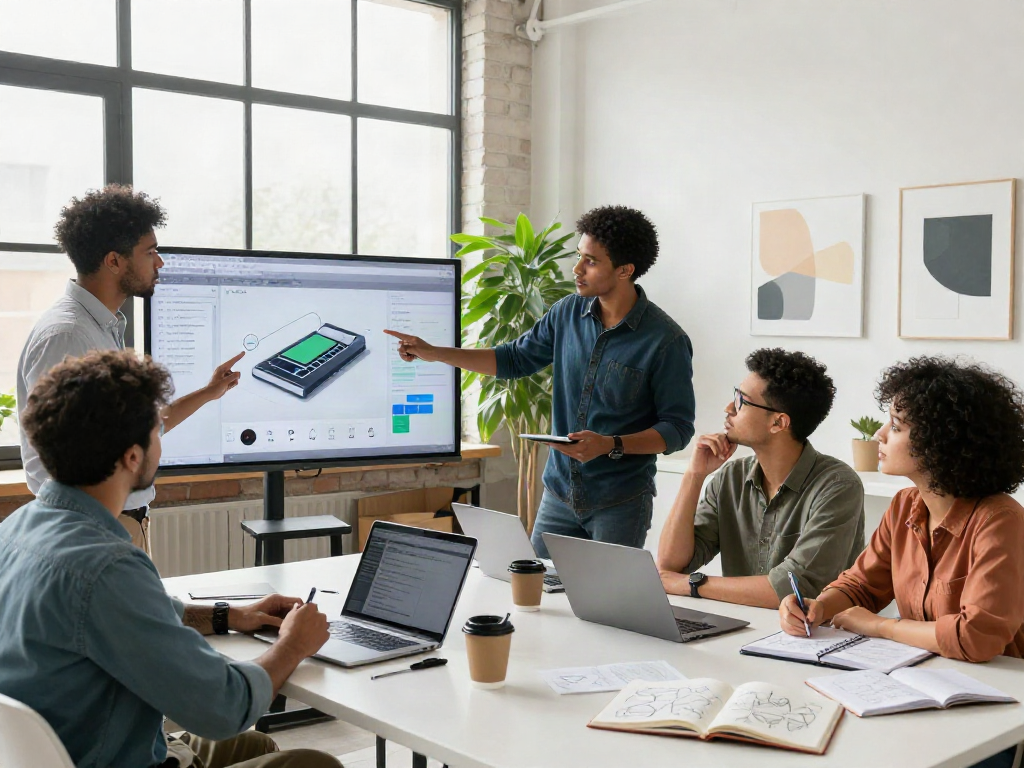Professionals in a tech workspace crush on innovative collaboration, brainstorming exciting ideas.