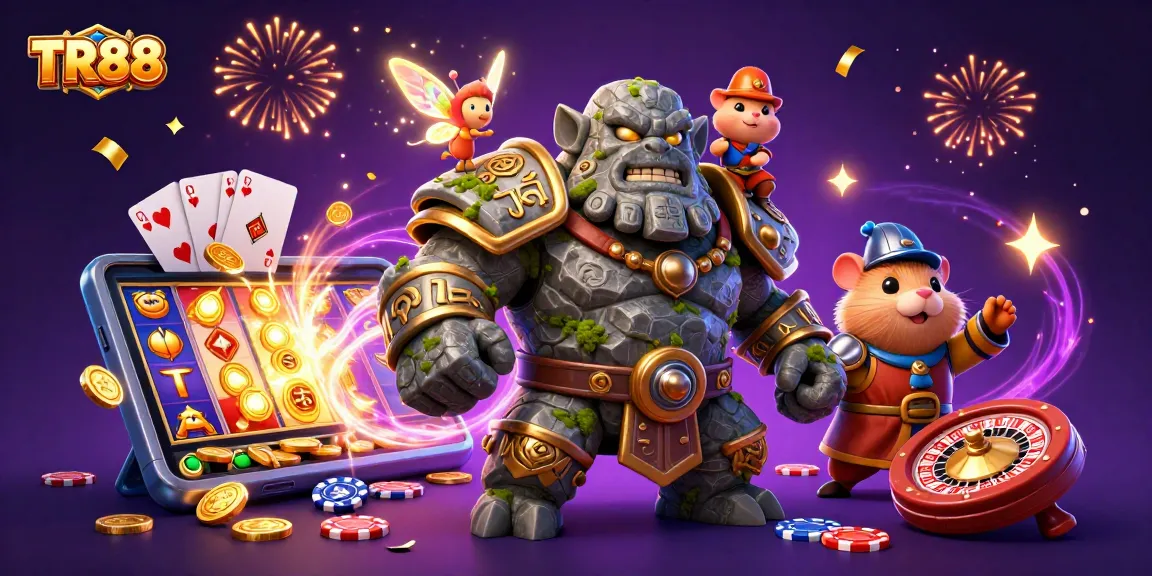 Experience TR88 magic with a 3D golem, fairy, and hamster in a vibrant casino scene.