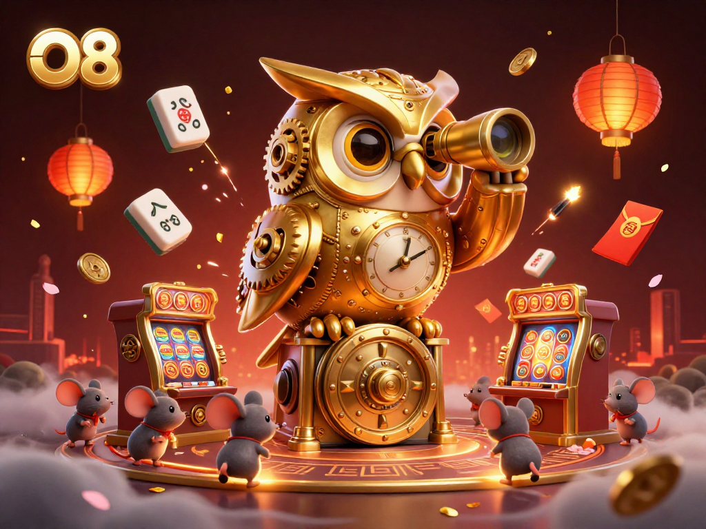 O8 showcases a clockwork owl scanning a vibrant casino floor filled with rich gaming elements.