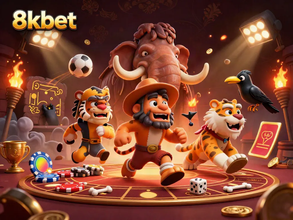 Gamble at 8kbet with unique prehistoric characters in a lively casino setting