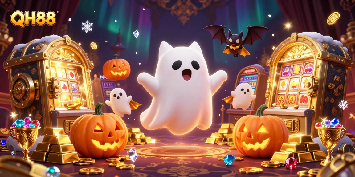 Play thrilling games at QH88 with our ghost cat mascot in a colorful casino scene.
