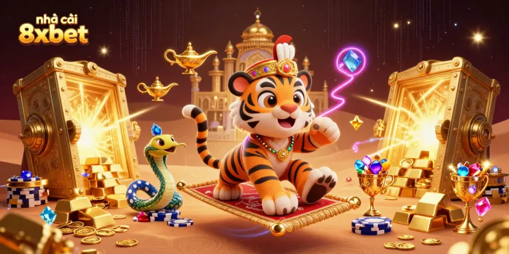 Experience the thrill at nhà cái 8xbet with a vibrant 3D casino illustration full of treasures and excitement.