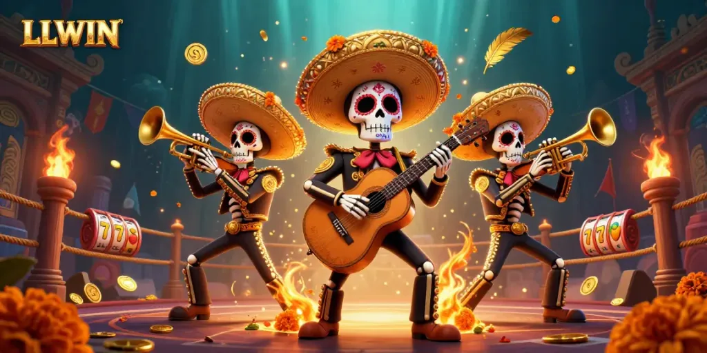 Experience the thrilling atmosphere of LLWIN with a vibrant mariachi band and engaging slot game elements.