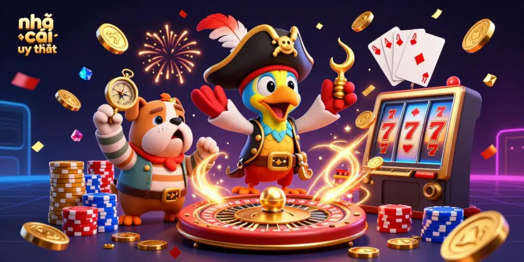 Experience the excitement of nhà cái uy tín with a vibrant, celebratory casino scene featuring characters and game elements.