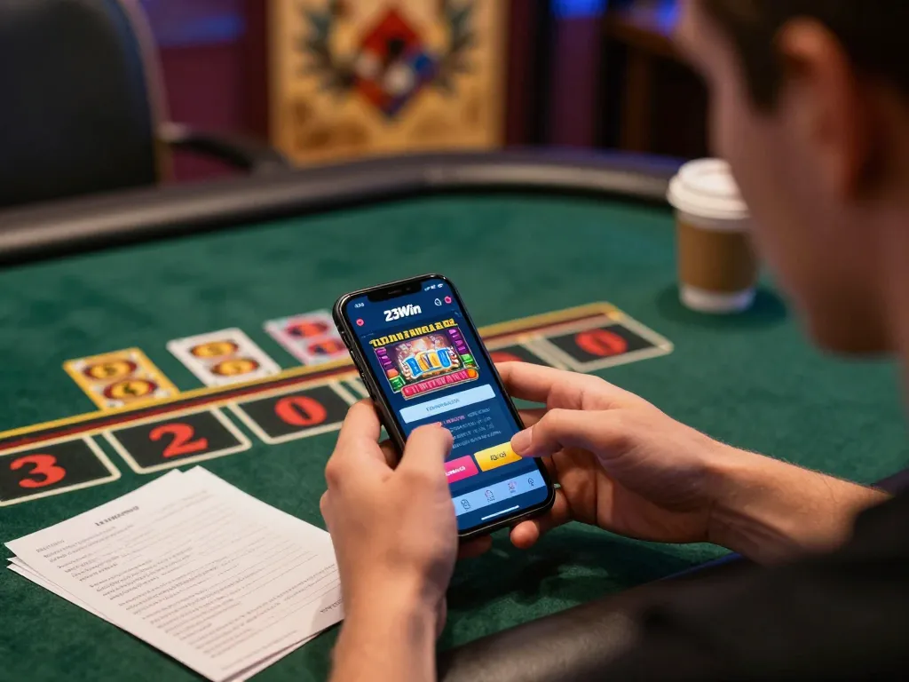 Player enjoying online gaming on the 23Win app, showcasing modern gambling strategy.