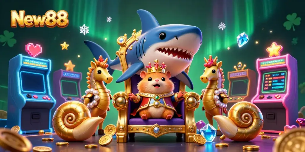 Experience thrilling gaming moments with New88's vibrant casino scene featuring a golden hamster king.