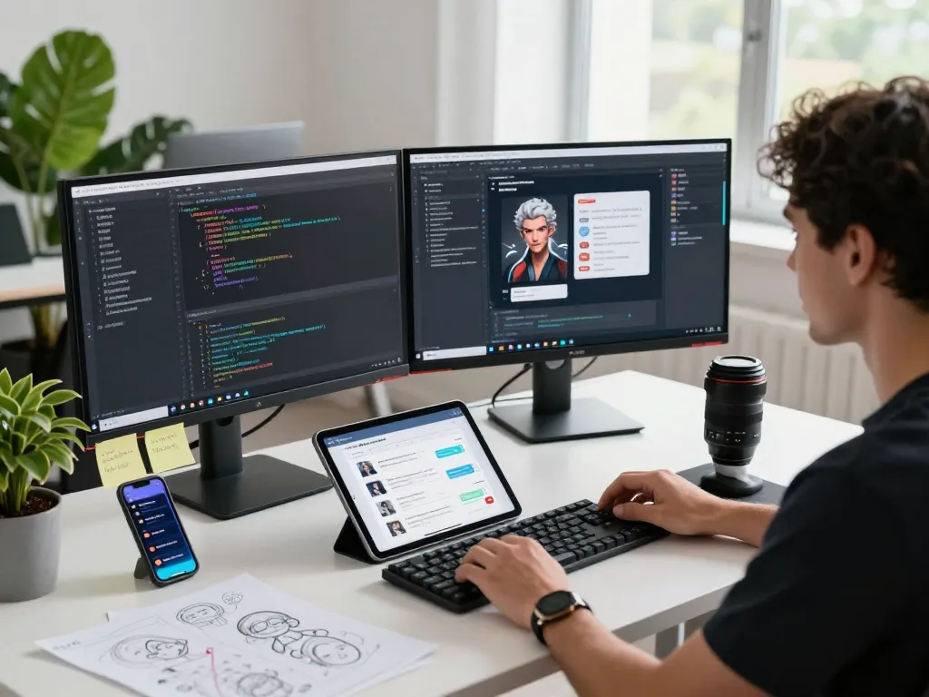 Creative tech workspace showcasing crush ai development with coding screens and interactive design tools.