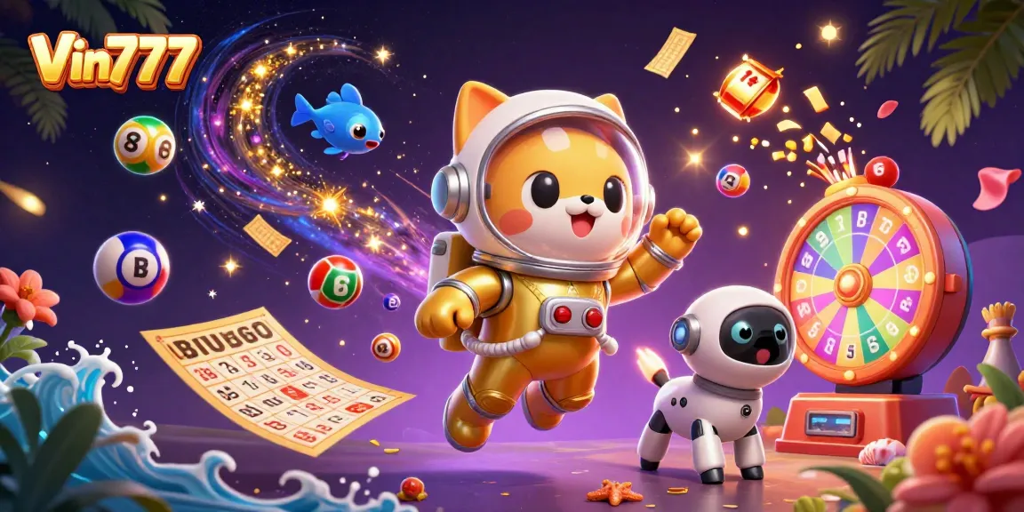 Experience thrilling wins at Vin777 with an exciting casino scene featuring vibrant lottery elements and characters.
