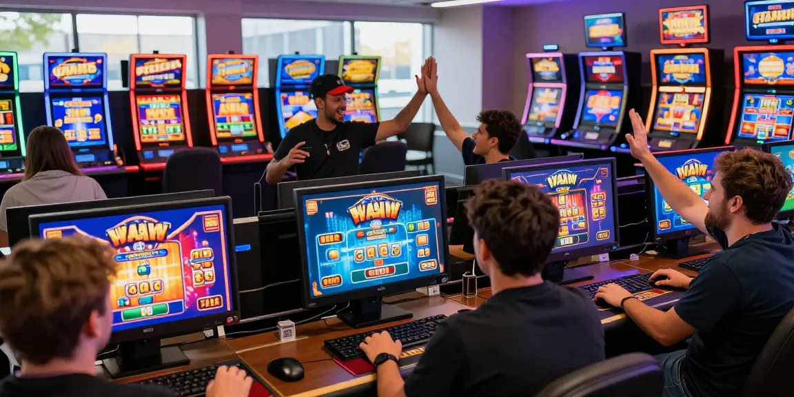 A diverse group of players enjoying games at a non UK casino, celebrating wins with excitement in a vibrant online gaming atmosphere.