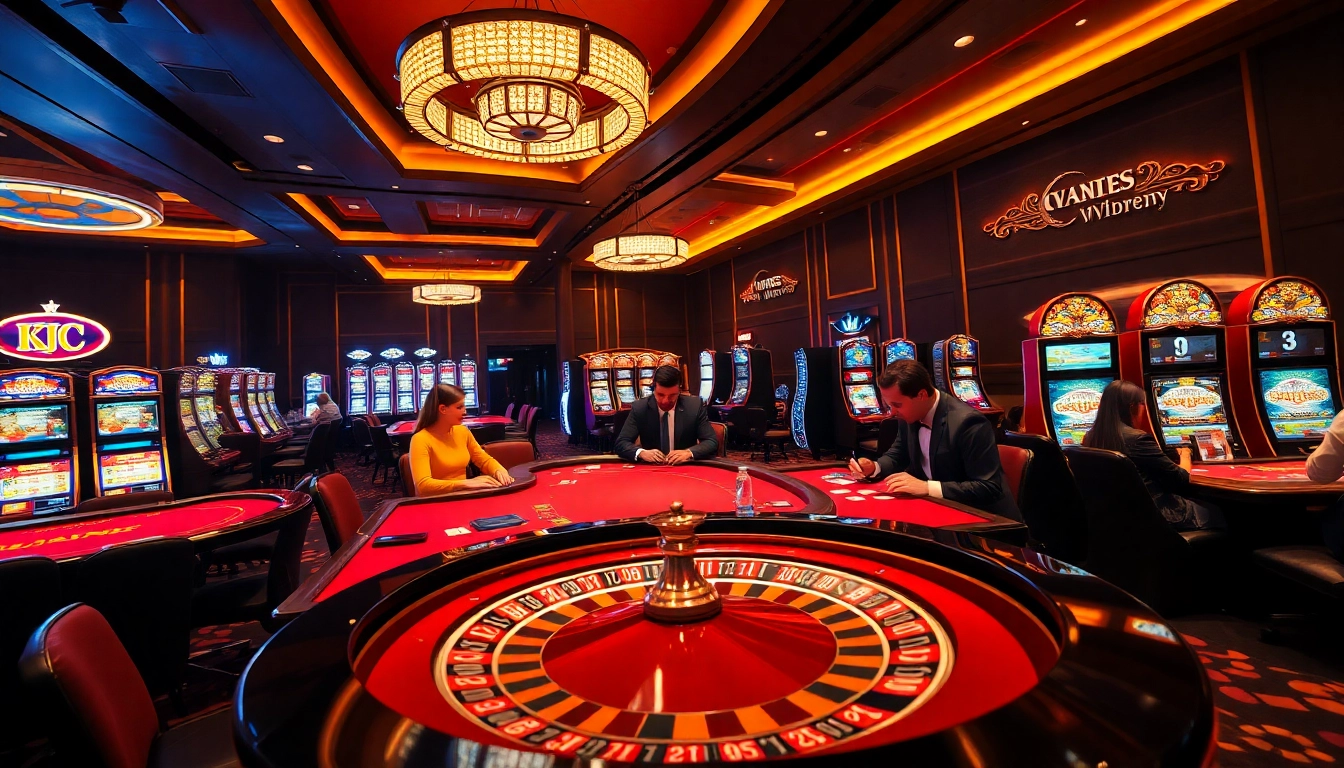 Experience thrilling gameplay at KJC's luxurious casino with poker tables and vibrant slot machines.
