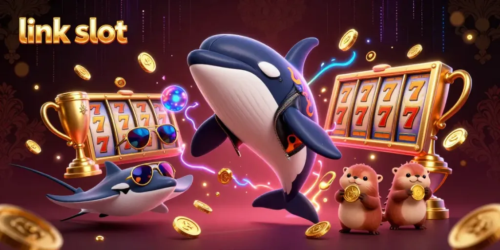 Experience winning moments with link slot as a cartoon orca and sea animals celebrate jackpots.