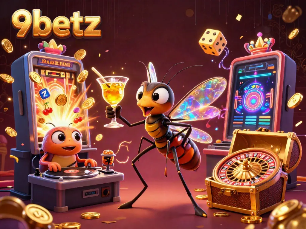 Experience thrilling moments at 9betz with a lively casino scene featuring unique characters and dynamic game elements.