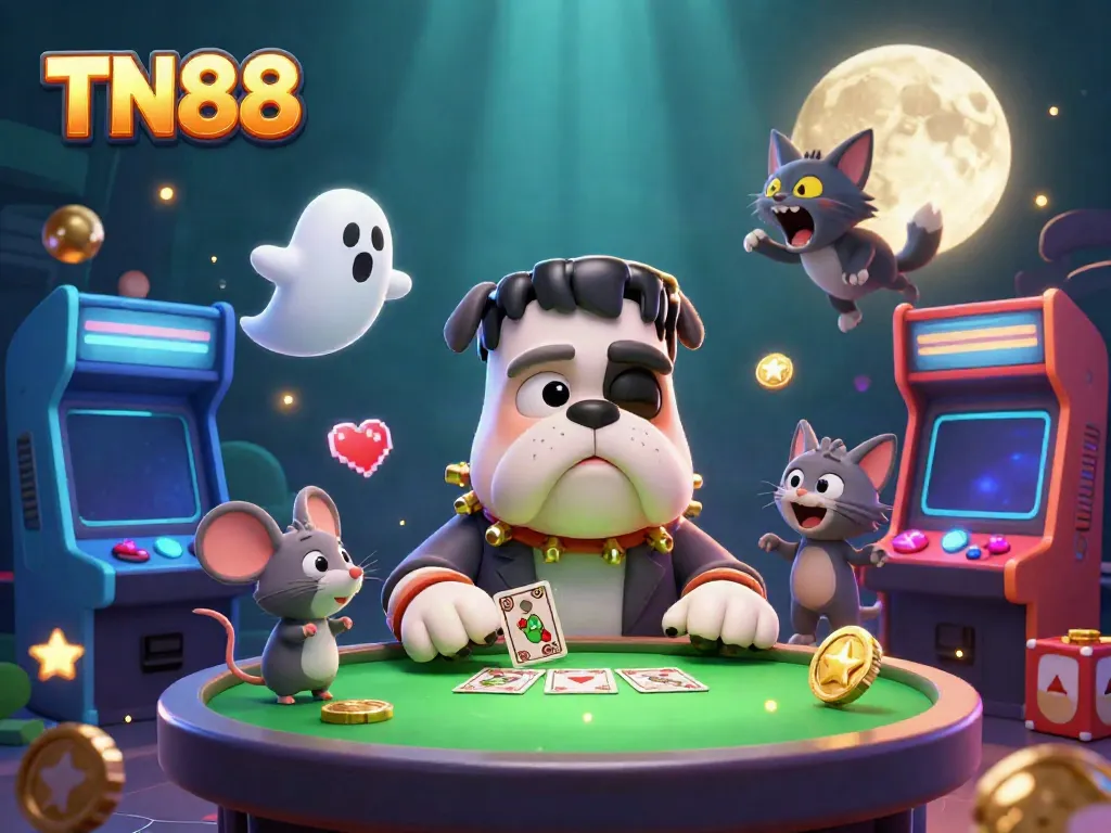 Engage with TN88 by winning at the spooky green-lit casino table alongside a 3D cartoon bulldog monster.