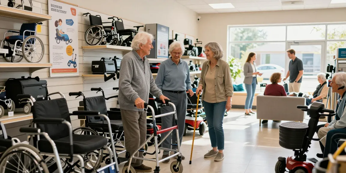 Buy nobility aids: elderly couple choosing mobility aids in a bright retail store.