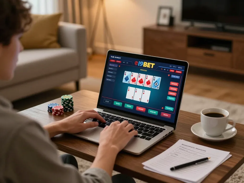 Engaging in online poker with nhà cái i9bet in a cozy home setting, showcasing dynamic gameplay and strategy