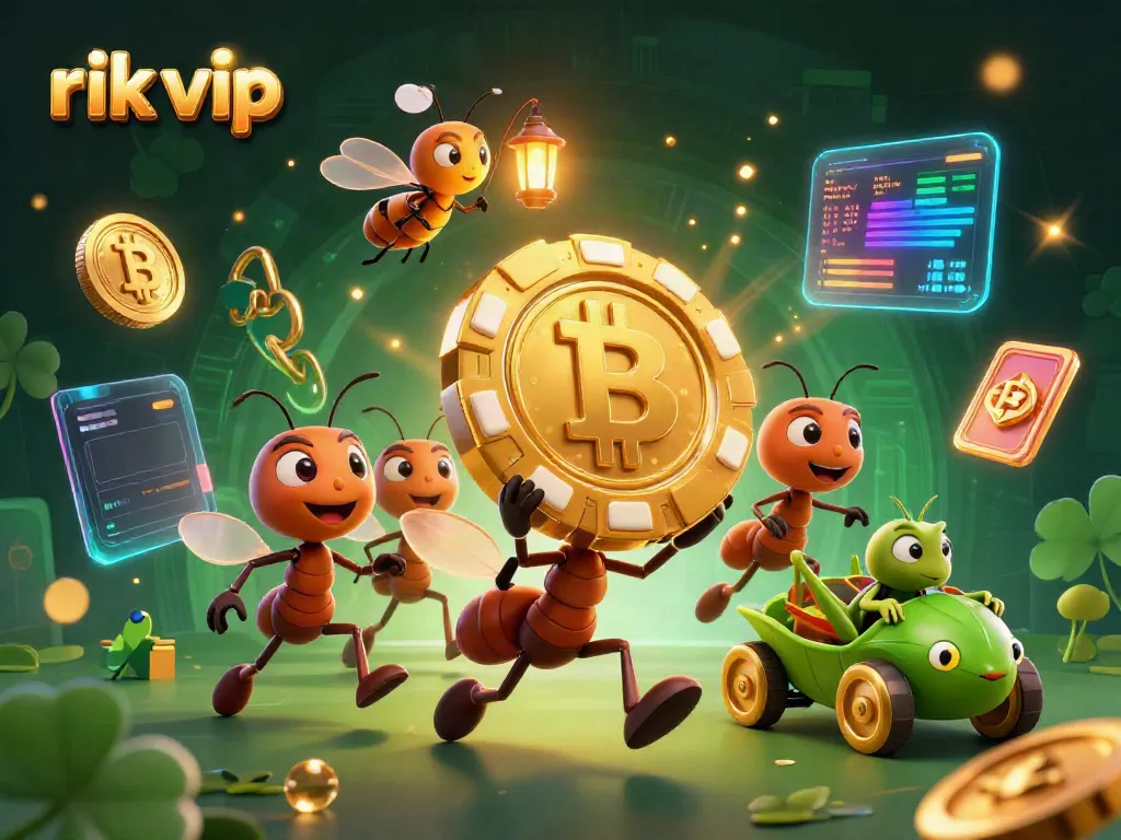 Experience the thrilling adventure of rik vip with a team of ants on a heist, showcasing vibrant 3D casino elements.