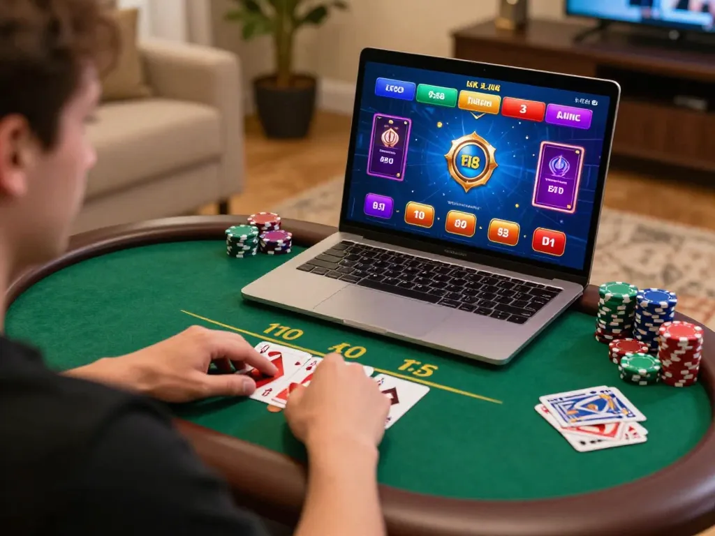 Engaged player exploring lucky88 online poker game on a laptop with strategic bets.