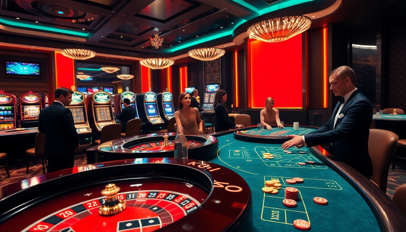 Experience thrilling gameplay at KJC COM's luxurious casino with vibrant roulette and poker tables.