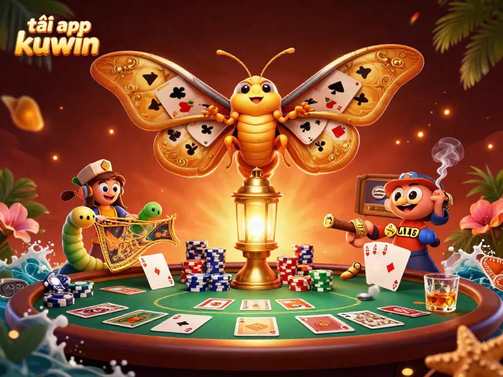Play and win at KUWIN's casino by downloading the tải app kuwin, with vibrant golden moth characters and vivid casino elements.
